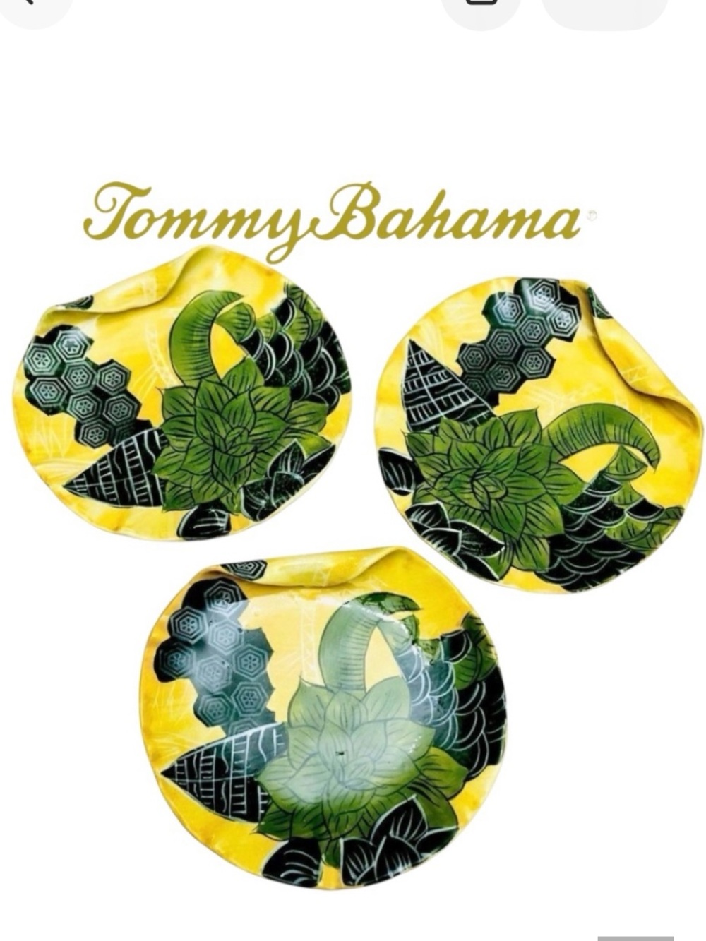 Tommy Bahama Set/3 Ambiance Curled Edge Yellow Green Tropical Print Salad Plates